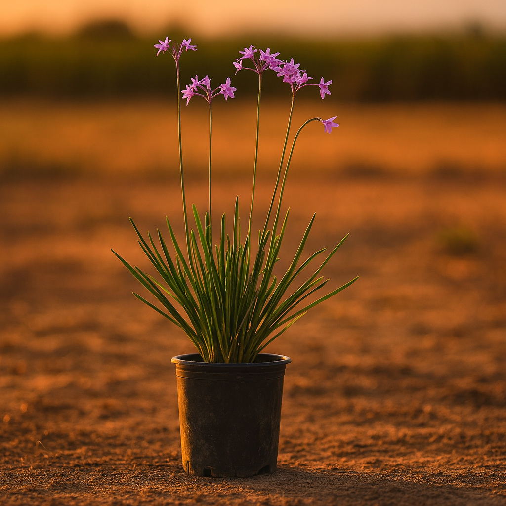 Society Garlic plant with purple star-shaped flowers on tall spikes and grassy foliage.