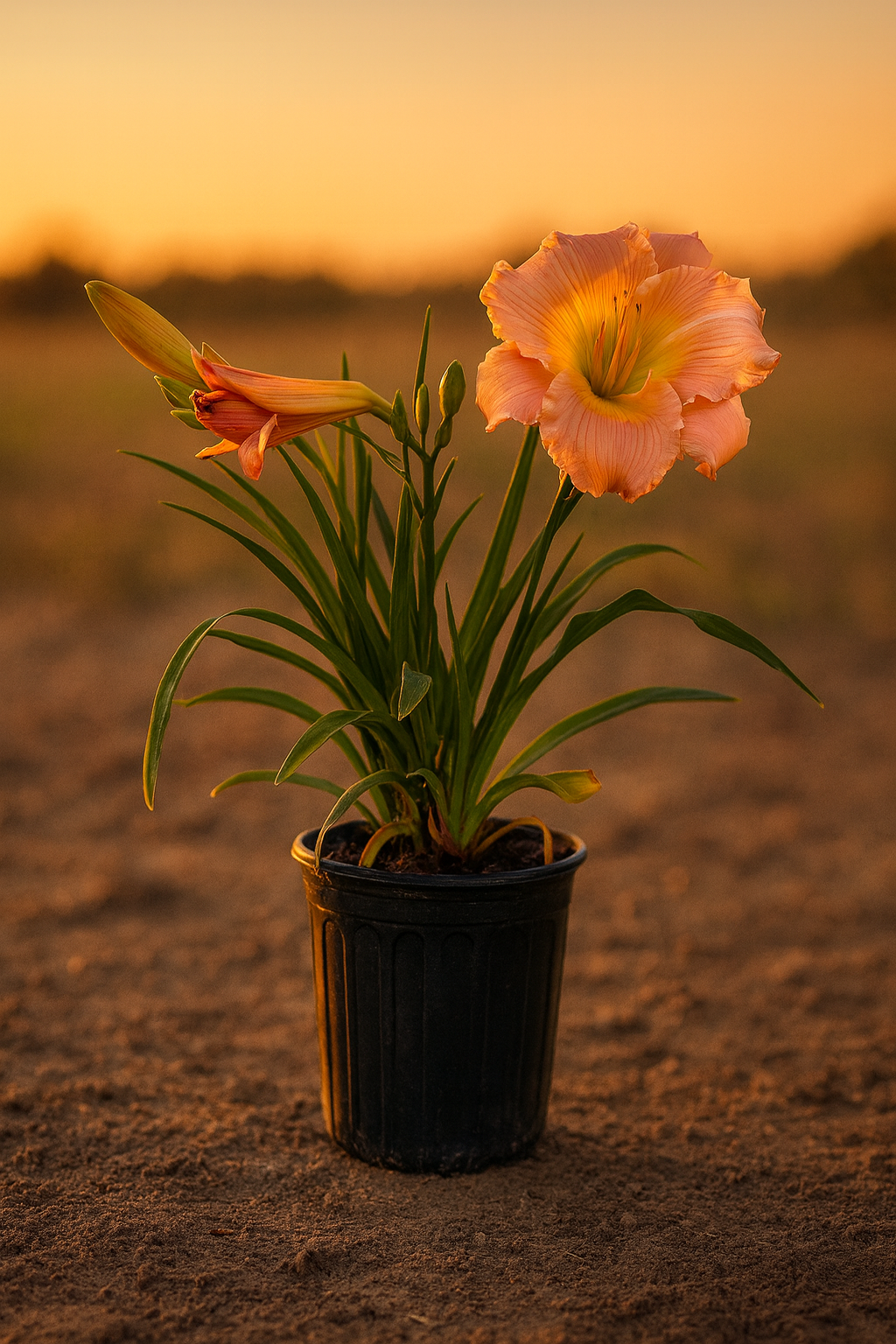 Jolyene Nichole Daylily in a 1-gallon pot with pink ruffled blooms and golden centers.