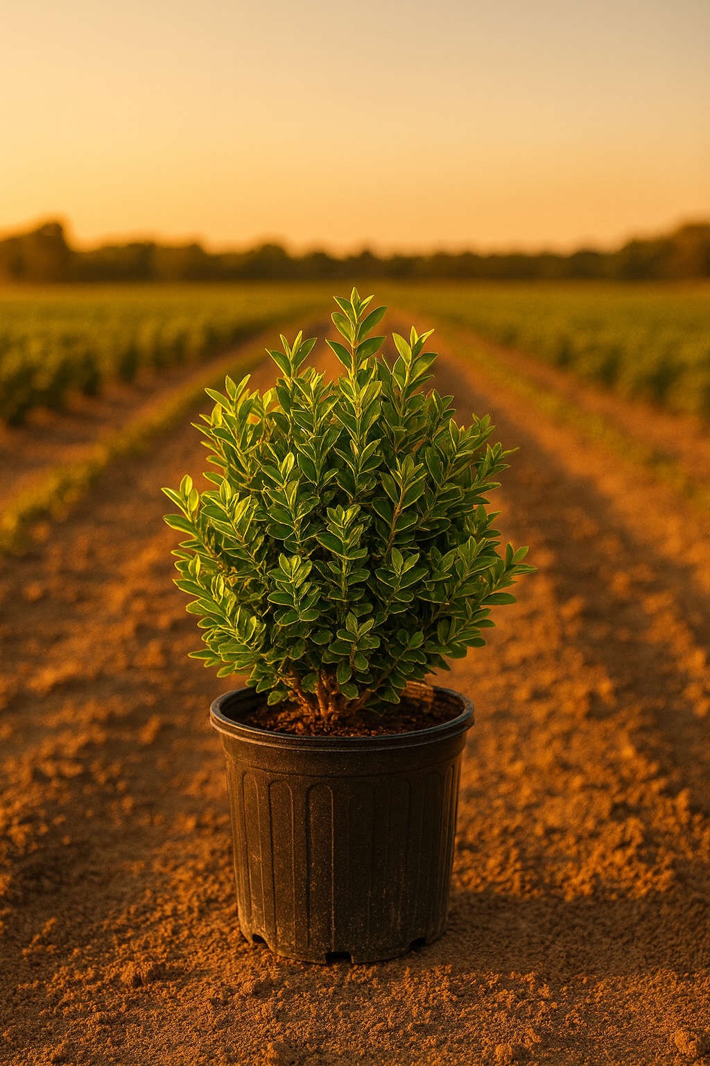 Korean Boxwood shrub with dense evergreen foliage in a nursery pot.