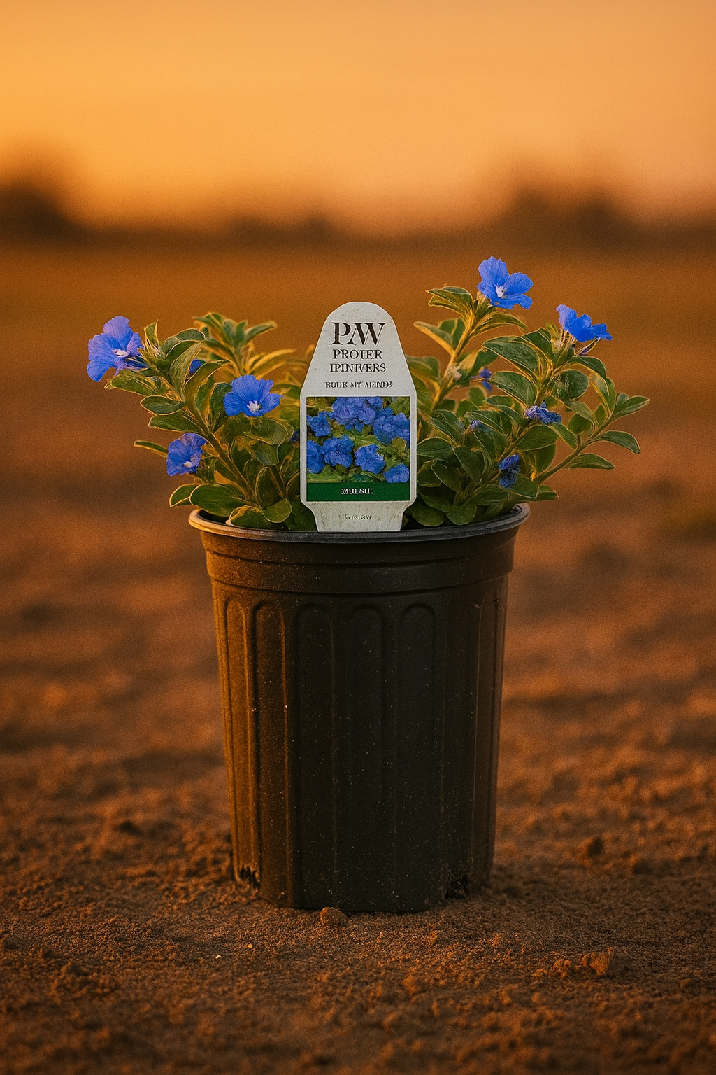 Blue My Mind Plant with vibrant true-blue flowers and silvery-green foliage in bloom.