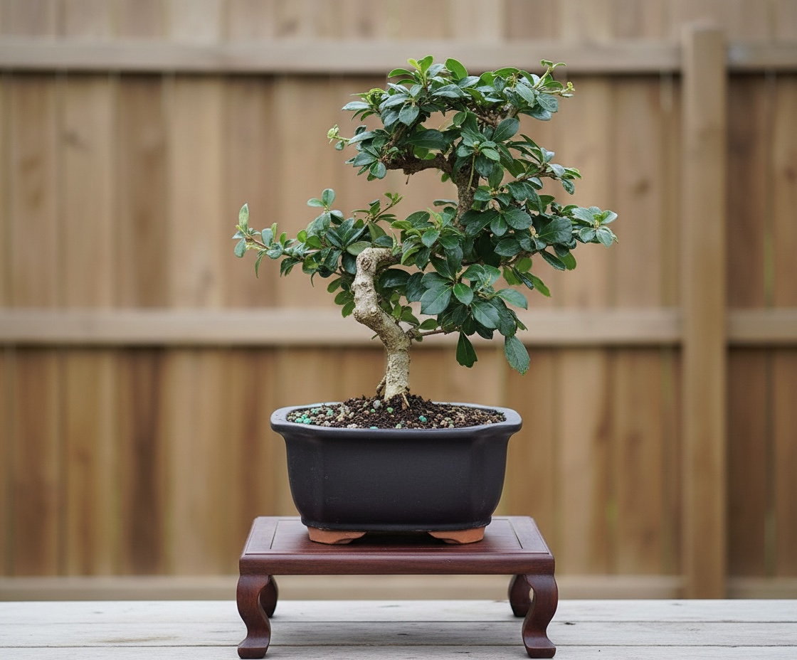 Fukien Tea Bonsai Tree (Carmona retusa) in 8" Ceramic Bonsai Pot from L&J Nursery.