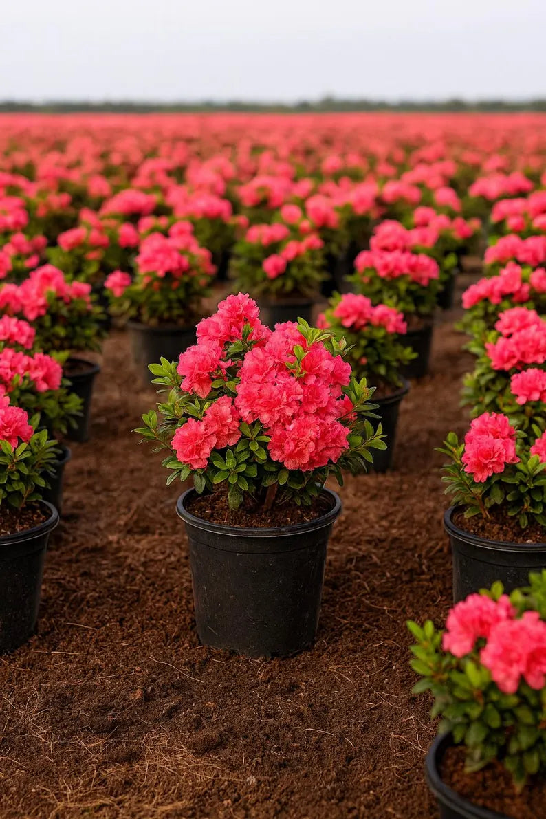 Red Ruffle Azalea shrub covered in clusters of bright red ruffled spring flowers.