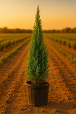 Italian Cypress Cupressus sempervirens tall columnar evergreen tree in a nursery pot.