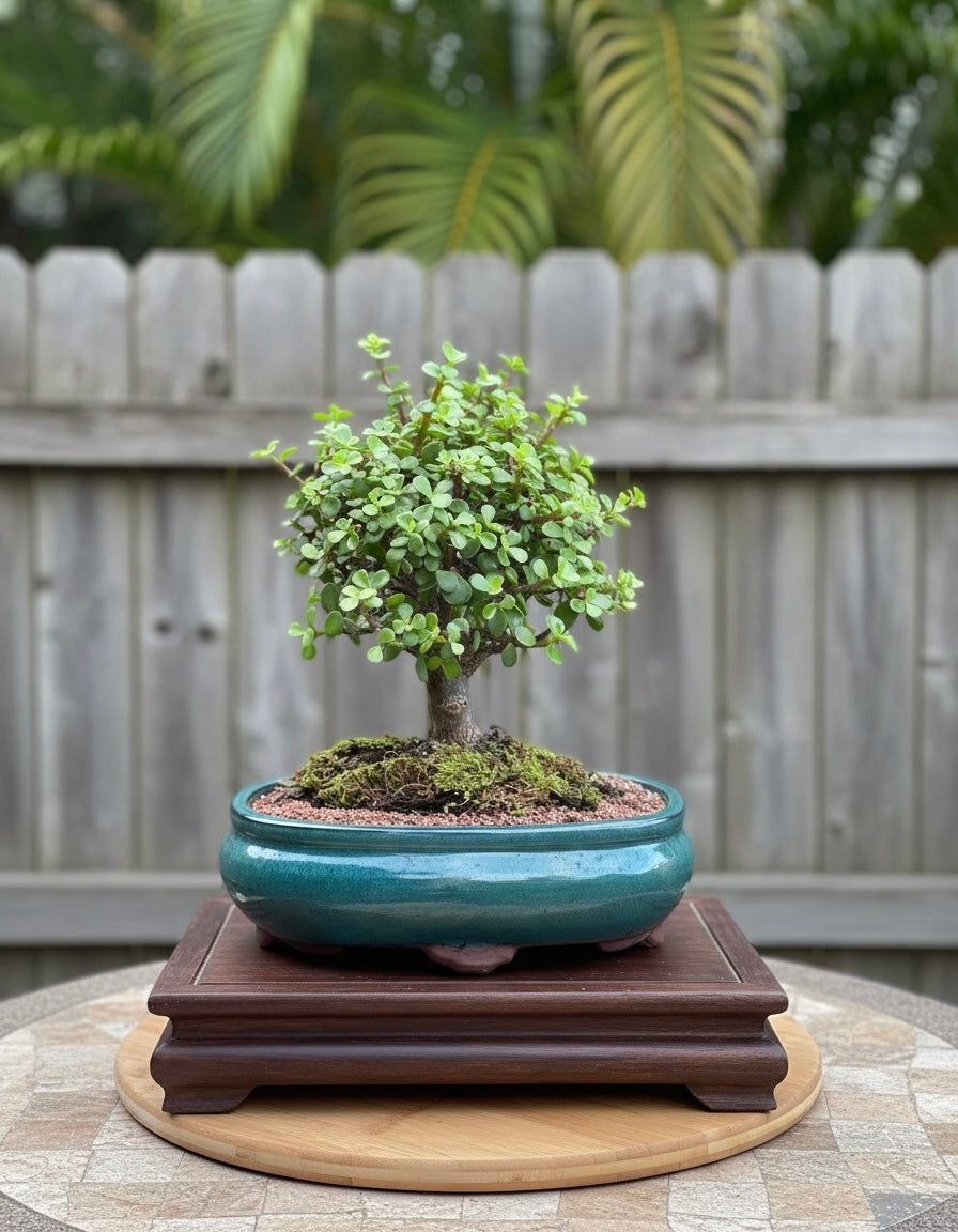 One-of-a-Kind Dwarf Jade Bonsai Tree (Portulacaria afra) | Age 9 | 10" Bonsai Pot from L&J Nursery.