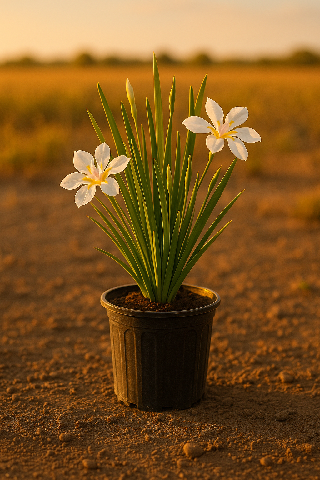 Moraea iridioides White Iris with delicate white flowers and yellow-purple centers in a 1-gallon pot.